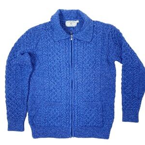 Irish Aran Co 100% Wool Cardigan Zip Front Blue